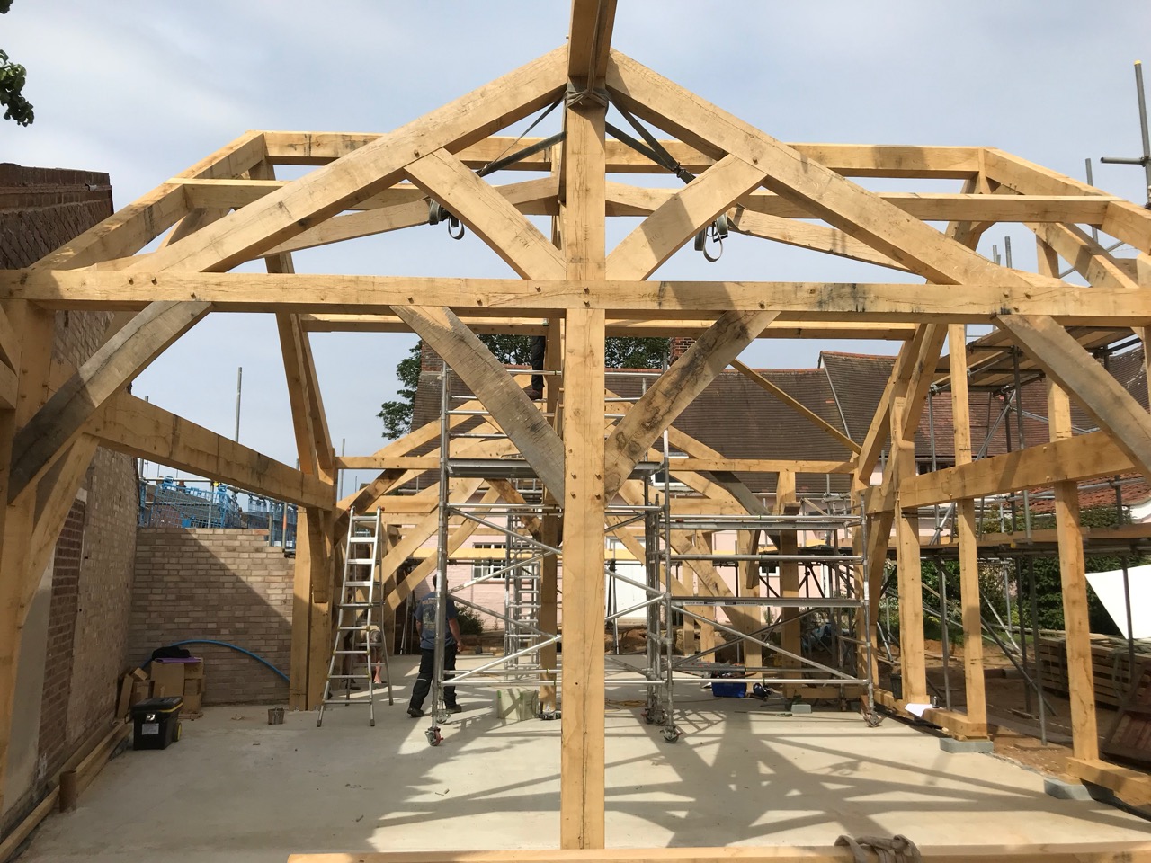 Timber frame in new hall under construction